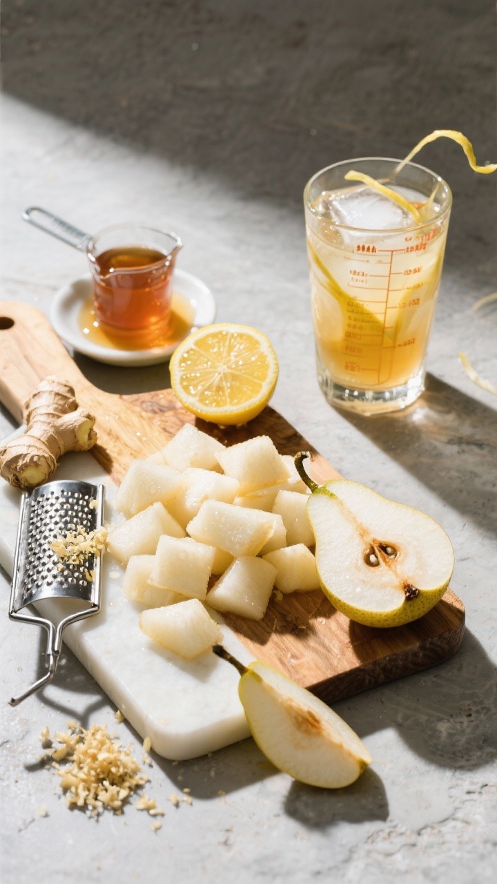 Non-alcoholic Thanksgiving Drinks for the Whole Family You’ll Crave All Season Overhead ingredient-prep shot for Maple Ginger Pear Cooler: diced ripe pears on a cutting board, fresh pear slices for garnish, a microplane with a tuft of freshly grated ginger, a small dish of maple syrup, lemon halves with visible juice droplets, and a measuring cup of tangy apple cider ready to pour. A clear highball glass off to the side with ice and thin pear ribbons. Bright, fresh styling on a cool stone surface, crisp shadows, emphasizing textures of pear flesh and ginger fibers.