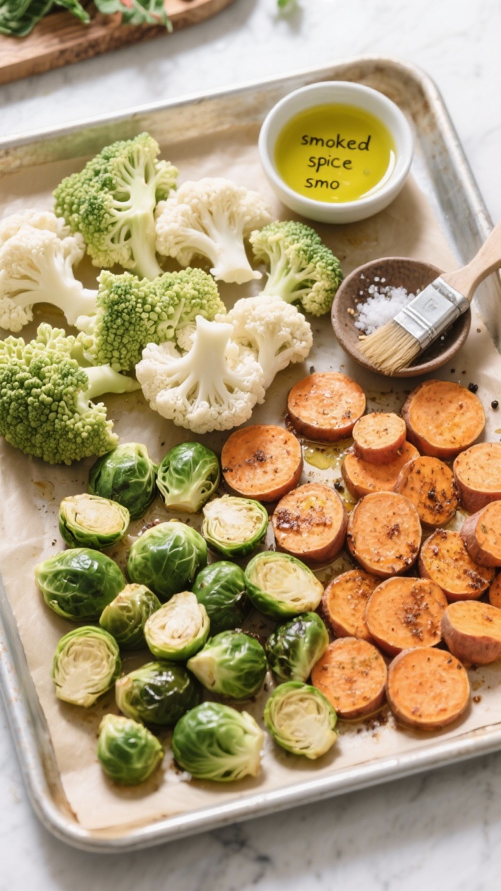 Overhead ingredient-prep shot for the “Plant-Forward Winter Garden Grazing Board”: raw florets of cauliflower and Romanesco (or broccoli) separated into sections, halved Brussels sprouts, and sweet potato rounds tossed with 1 tbsp olive oil and a hint of smoked seasoning on a parchment-lined sheet pan; include a small bowl of olive oil and a pinch bowl labeled “smoked spice” (subtle “smo” hint) with a brush; show coarse salt and cracked pepper; bright natural light highlighting contrasting whites, lime-green fractals, deep green sprouts, and orange sweet potato; ready to roast; no people.
