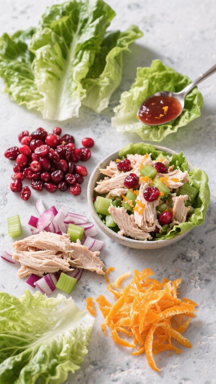 Easy Thanksgiving Leftover Recipes That Turn Yesterday’s Dinner Into Something New—and Irresistible Overhead ingredient-to-assembly flat lay for cranberry-orange turkey salad lettuce cups: piles of chopped cooked turkey, finely diced celery, finely diced red onion, dried cranberries or well-drained cranberry sauce, bright orange zest, and crisp lettuce leaves arranged neatly on a cool stone surface; a small bowl combining the salad with visible flecks of zest and ruby cranberries; a spoon ready to fill lettuce cups; clean, fresh, zesty mood with vibrant reds, greens, and orange accents, no hands