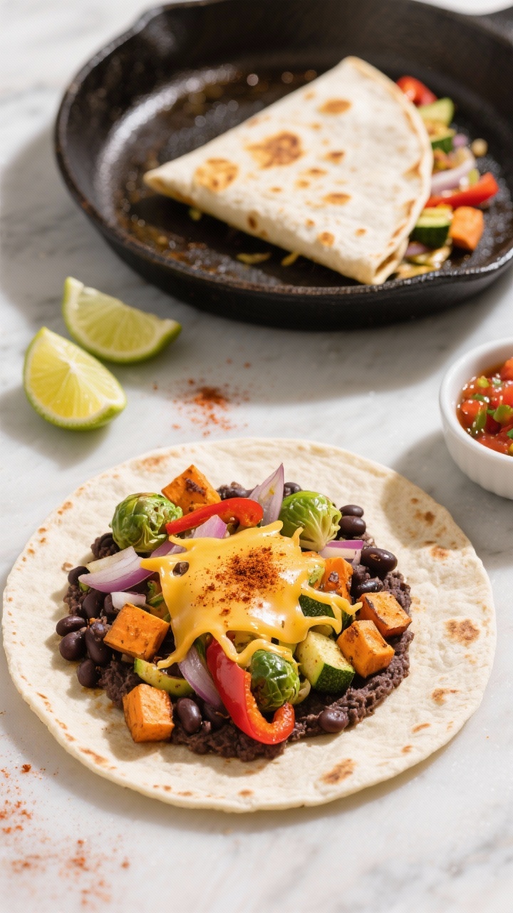 Easy and Creative Leftover Recipes for Busy Weeknights You’ll Crave Again Overhead ingredient-to-assembly progression for smoky bean and roasted veg quesadillas: a tortilla half-filled with mashed black beans, chopped leftover roasted vegetables (sweet potato cubes, roasted peppers, zucchini, onions, Brussels sprouts), a sprinkle of melty cheese, and a hint of smoked paprika. One quesadilla already folded and searing on a cast-iron griddle, with golden spots forming; another open-faced showing colorful fillings. Lime wedges and a small bowl of salsa on the side; bright, natural light for punchy colors.