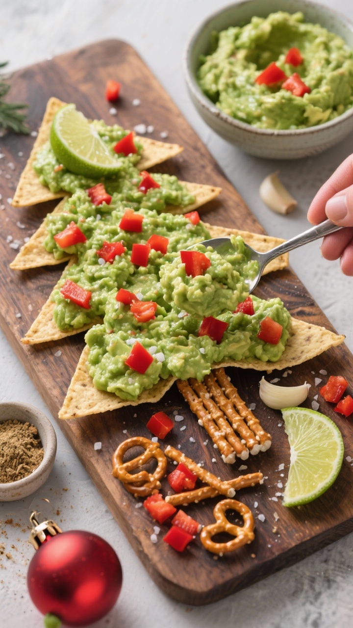 Overhead ingredient-to-assembly scene for Grinchy Green Guacamole Trees: a rustic board with a bowl of chunky guacamole (avocado, lime juice, garlic powder, kosher salt, pinch of cumin) being spooned onto triangle-cut tortilla chips to form tree shapes, pretzel sticks used as trunks, and diced red bell pepper “ornaments” sprinkled on top; lime wedges and a small pinch bowl of cumin nearby; bright, zesty greens contrasted with holiday reds for a playful, fresh look.