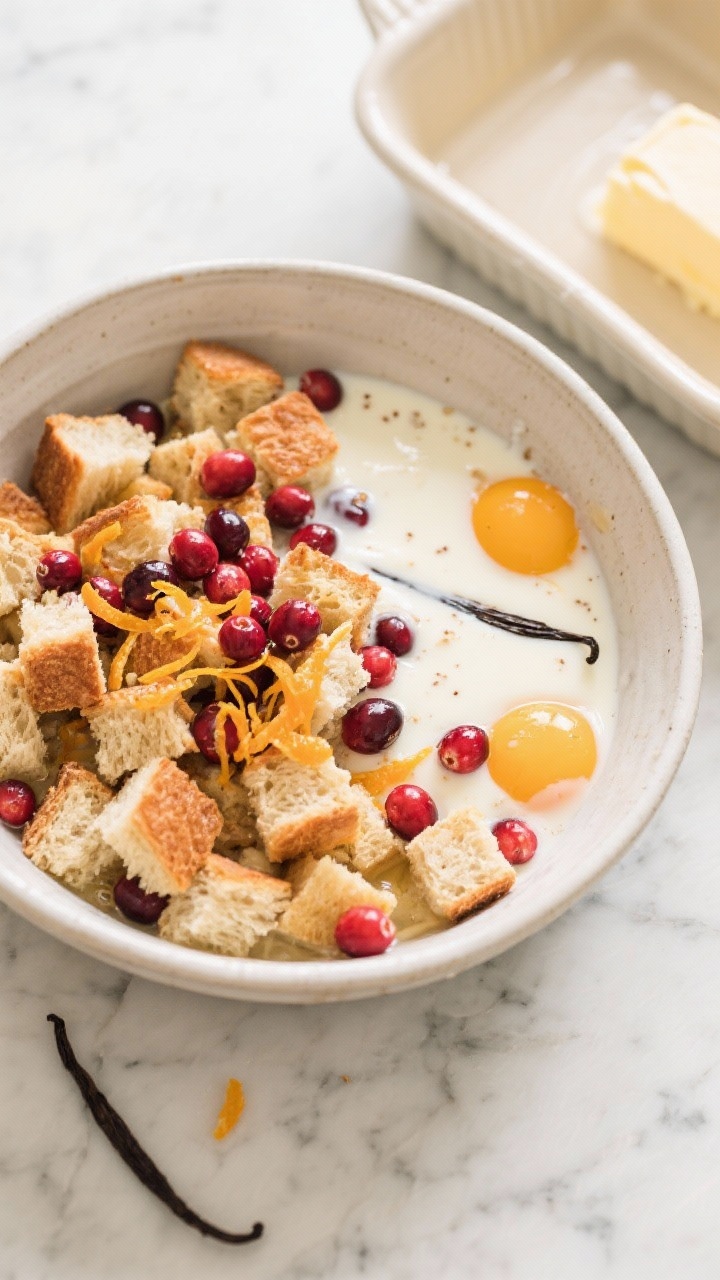 Overhead ingredient-to-assembly shot for cranberry-orange bread pudding: a large mixing bowl of custard with visible vanilla bean flecks, eggs, whole milk, and heavy cream; piles of day-old bread cubes (brioche and challah mix) partially soaked; bright fresh cranberries and vibrant orange zest scattered over the mixture; a buttered baking dish ready nearby; bright, inviting morning light on a marble surface for a fresh, cozy brunch vibe.