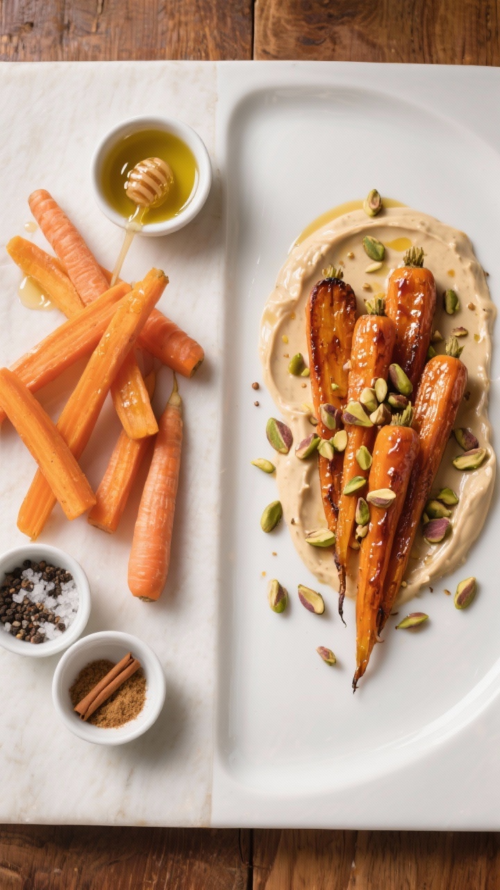 Overhead ingredient-to-finish diptych feel: left side shows raw carrots peeled and cut on a bias into 2-inch pieces with small bowls of olive oil, honey, kosher salt, black pepper, ground cumin, and a pinch of cinnamon; right side shows final Honey-Roasted Carrots glistening and caramelized, plated over a swoosh of tahini yogurt, finished with spiced pistachio crunch scattered on top; warm tones, clean white plate on a walnut table, sticky honey sheen and toasted spice visible.