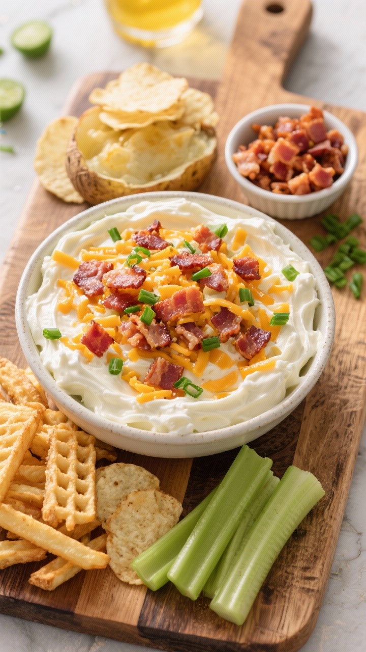 Overhead ingredient-to-finish scene for loaded baked potato dip: a rustic board with a serving bowl of the final dip—cream cheese, sour cream, and a touch of mayonnaise whipped till fluffy, folded with shredded sharp Cheddar and mozzarella—topped generously with crumbled thick-cut bacon, extra Cheddar, and a shower of fresh chives. Surround with classic dippers: waffle fries, kettle chips, and celery sticks. Include a small ramekin of extra bacon bits and chopped chives. Emphasize creamy texture, vibrant green chives, and crispy bacon contrast. Bright, inviting party feel, no people.