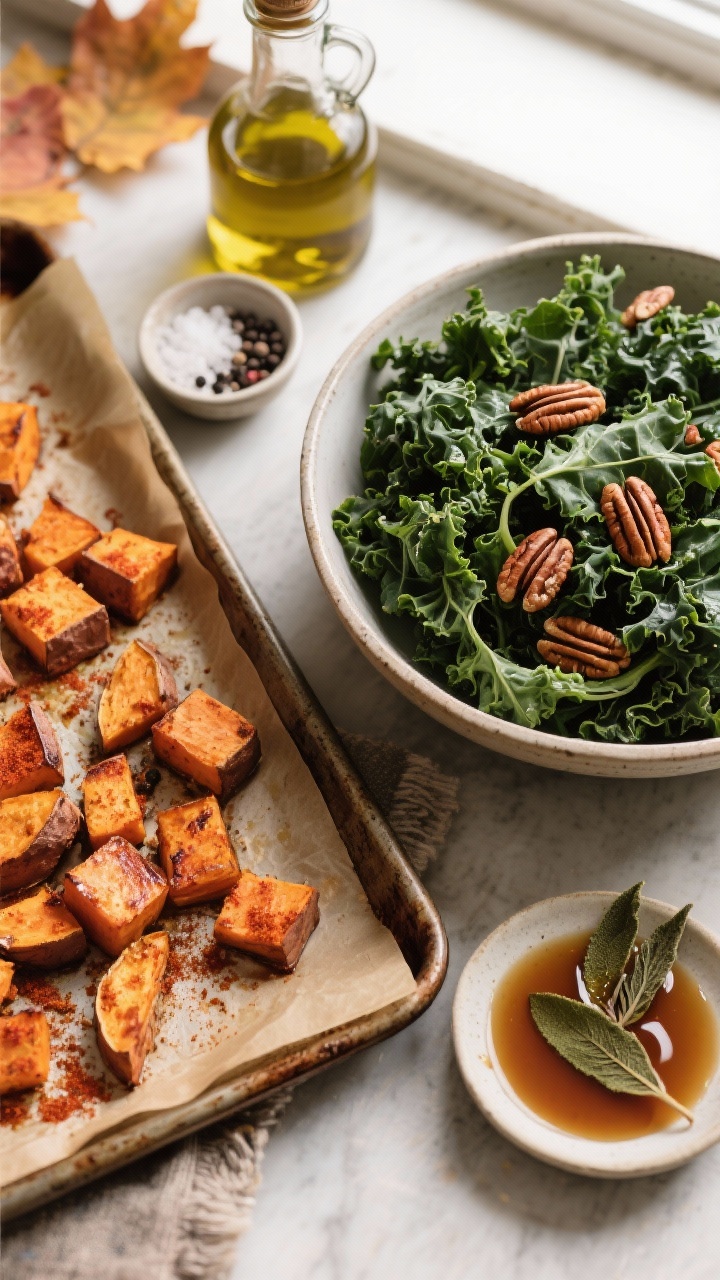 Thanksgiving Salad Ideas That’ll Steal the Show From the Turkey Overhead ingredient-to-finish scene on a rustic sheet pan and adjacent bowl: roasted sweet potato cubes (paprika-dusted, caramelized edges) on parchment; to the side, a large bowl of curly kale being massaged, with toasted pecans scattered. A warm brown butter sage dressing in a small saucer, flecked with crispy sage leaves, ready to drizzle. Include olive oil bottle, pinch bowls of kosher salt and black pepper. Cozy autumn palette, natural window light, sharp detail on browned butter gloss.