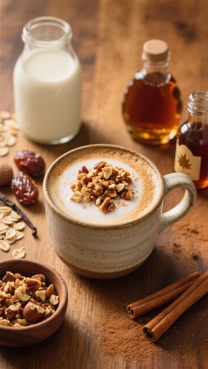 Overhead ingredient-to-finish sequence for a Chestnut Praline-Inspired Oat Latte: center the finished oat milk latte in a ceramic mug topped with a crunchy praline-style sprinkle made from chopped nuts (suggesting chestnut/praline vibe), a light dusting of ground cinnamon, and glossy maple and date syrup accents. Around it, arrange key elements—oat milk, maple syrup, date syrup, vanilla extract bottle, pinch bowl of cinnamon, and a small dish of crunchy nut topping—on a warm wood surface; cozy, golden-hour light, crisp textures, no people.