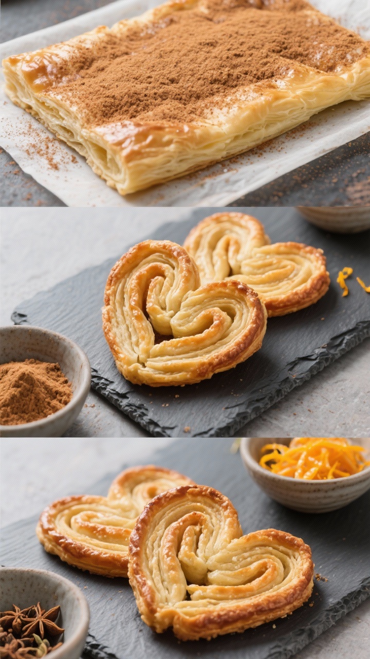Overhead ingredient-to-finish sequence of cinnamon sugar puff pastry palmiers: one section shows a sheet of puff pastry coated with cinnamon sugar, another shows tightly rolled hearts sliced and arranged, and the final baked palmiers golden and caramelized; optional orange zest and cardamom pinch bowls included, on a cool slate board.