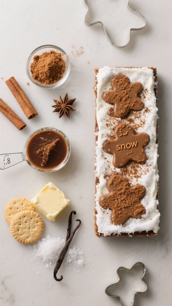 Overhead ingredient-to-finish storyboard for gingerbread spice toffee: left side shows measured spices (ground ginger, ground cinnamon, pinch of clove/nutmeg implied by 1/8 teaspoon), dark brown sugar, unsalted butter, vanilla, and saltines; right side shows finished slab with white chocolate “snow” layer and a dusting of gingerbread spice on top; neutral backdrop, holiday cookie-cutter props subtly placed.