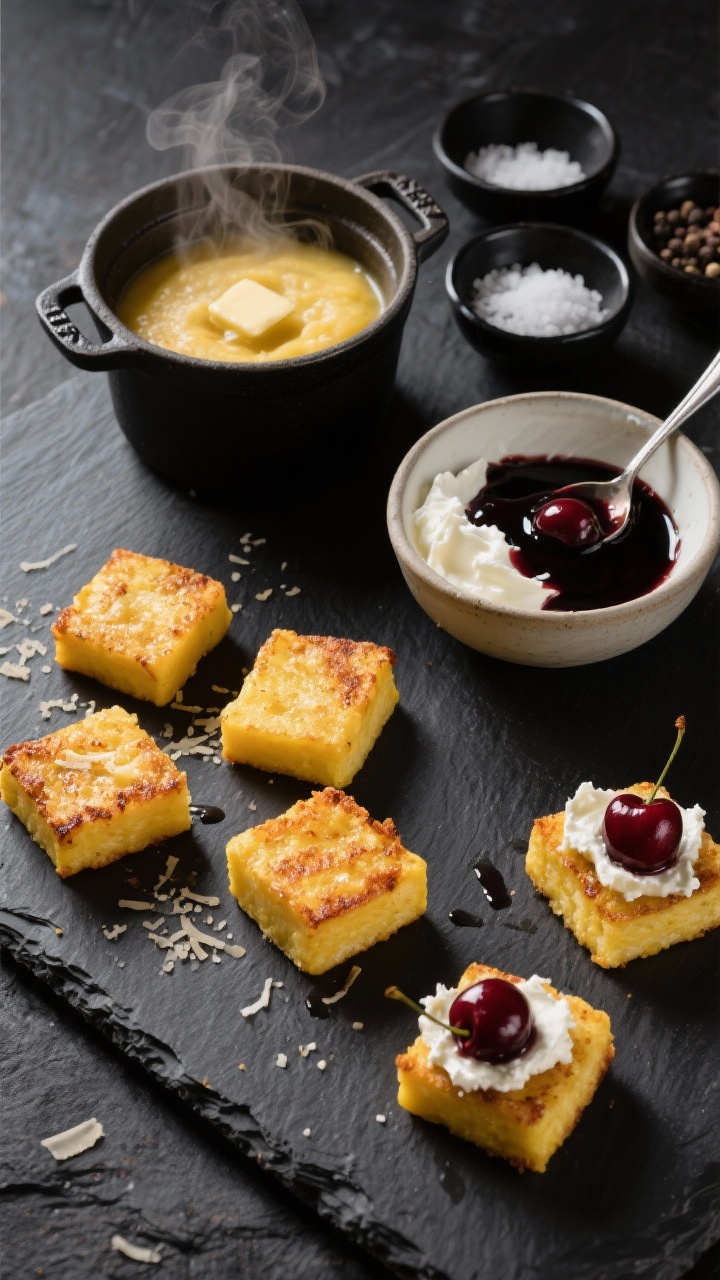 Overhead ingredient-to-finish storyboard on a dark stone surface for crispy polenta bites: a small pot of steaming polenta made with stock, butter, and grated Parmesan; cut, pan-seared golden polenta squares arranged beside a bowl of whipped goat cheese; a glossy dish of balsamic cherry topping ready to spoon; kosher salt and black pepper pinch bowls for seasoning; final assembled bites shown in one corner—crisp-edged polenta topped with airy goat cheese and jewel-toned cherries; high-contrast lighting highlighting textures.