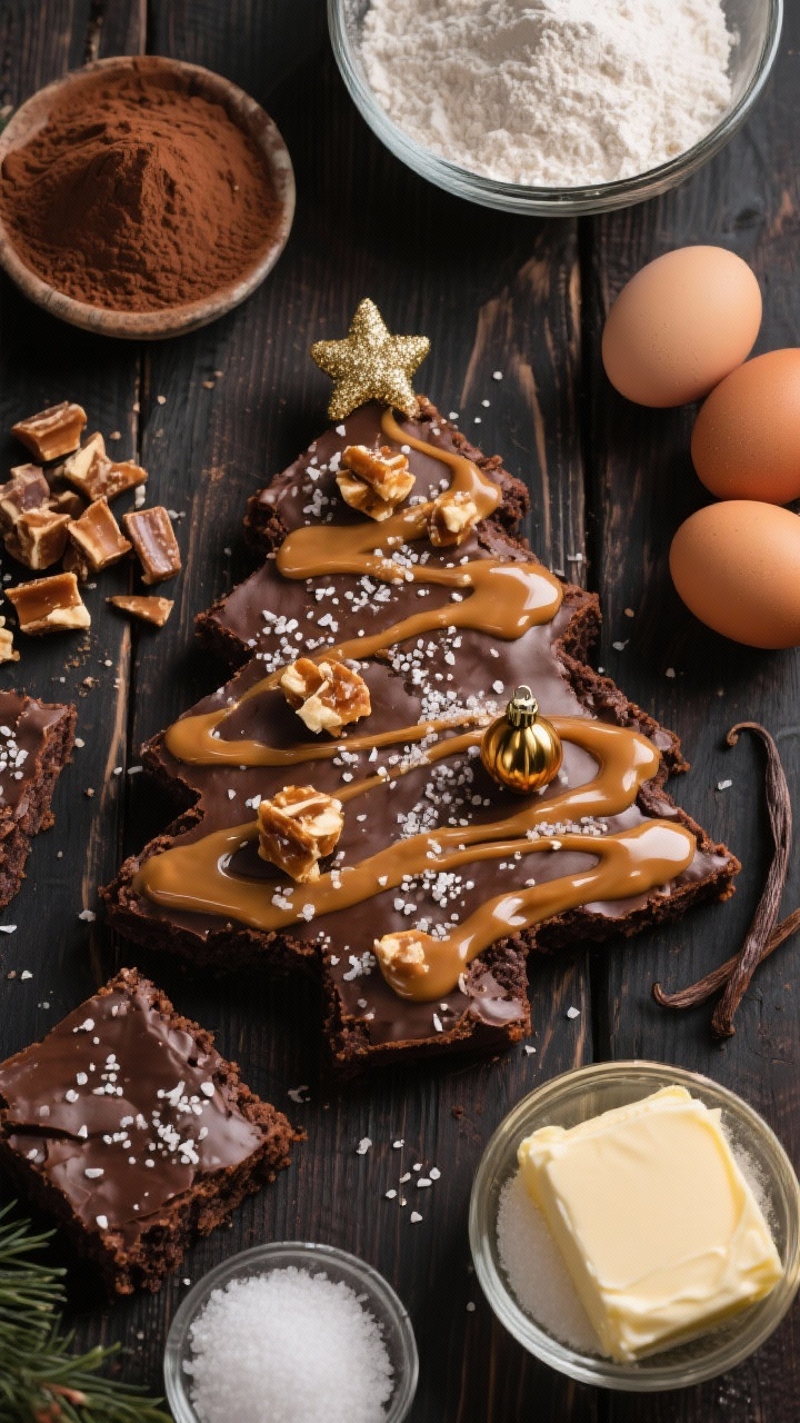 Overhead ingredient-to-finish storyboard: Salted caramel Christmas tree brownies topped with a glossy caramel drizzle, flaky sea salt sparkle, and crunchy toffee “ornaments.” Arrange components around the finished pieces: chopped toffee, fine sea salt, cocoa powder, all-purpose flour, 3 eggs, vanilla extract, granulated sugar, and butter. Emphasize sticky caramel sheen, crisp toffee texture, and rich chocolate crumb, with a dark wood background for contrast, clean professional styling.