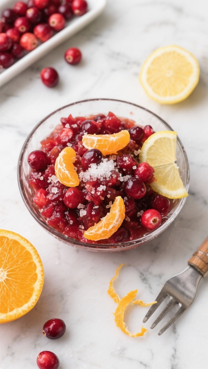 Overhead ingredient-to-finish transition: vibrant cranberry-orange relish in a low glass bowl, ruby cranberries pulsed to a jewel-like texture, bright orange segments and zest ribbons folded through, granulated sugar crystals barely visible, a squeeze of fresh lemon juice; surrounding props include whole cranberries, a zested orange, and a citrus reamer on a cool marble surface, crisp and festive.