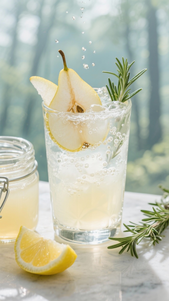 10 Festive Thanksgiving Drinks Everyone Will Love (and Ask You for the Recipe) Overhead ingredient-to-glass scene for a Rosemary Pear Gin Fizz: a highball glass filled with ice, gin, pear nectar, and fresh lemon juice with delicate bubbles from soda water rising; garnished with thin pear slices and a petite rosemary sprig; nearby a jar of rosemary simple syrup, cut lemon, and extra rosemary needles; bright, crisp light and cool-toned backdrop for a forest-fresh vibe.