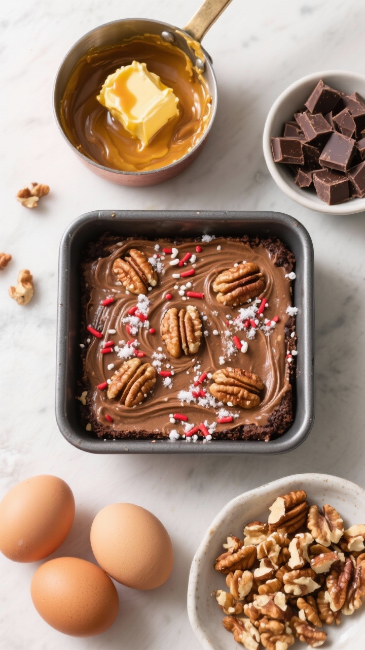 Overhead ingredient-to-pan sequence for browned-butter walnut brownies: a small saucepan of golden, nutty browned butter with caramel flecks, chopped semisweet chocolate melting in a bowl, dark and granulated sugars in separate dishes, three room-temperature eggs, and a pile of roughly chopped walnuts. Progression leads to a square pan of batter swirled and studded with walnuts, sprinkled with festive red-and-white sprinkles for “snowy” crunch. Warm, toasty color palette highlighting the browned-butter amber tones and walnut texture.