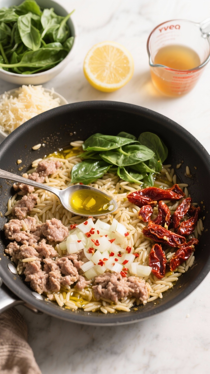 Overhead ingredient-to-pan transition shot for creamy Tuscan orzo with turkey and sun-dried tomatoes: deep sauté pan mid-cook showing lean ground turkey browning with finely diced onion and minced garlic, red pepper flakes shimmering in olive oil (with a spoonful of oil from the sun-dried tomato jar). Orzo scattered in, sun-dried tomato strips ready to stir, baby spinach waiting in a bowl, grated Parmesan in a mound nearby, lemon half and fresh basil off to the side. Measuring cup with broth visible. Bright, inviting light, tidy mise en place around the pan, capturing the creamy, comforting Italian-inspired vibe.