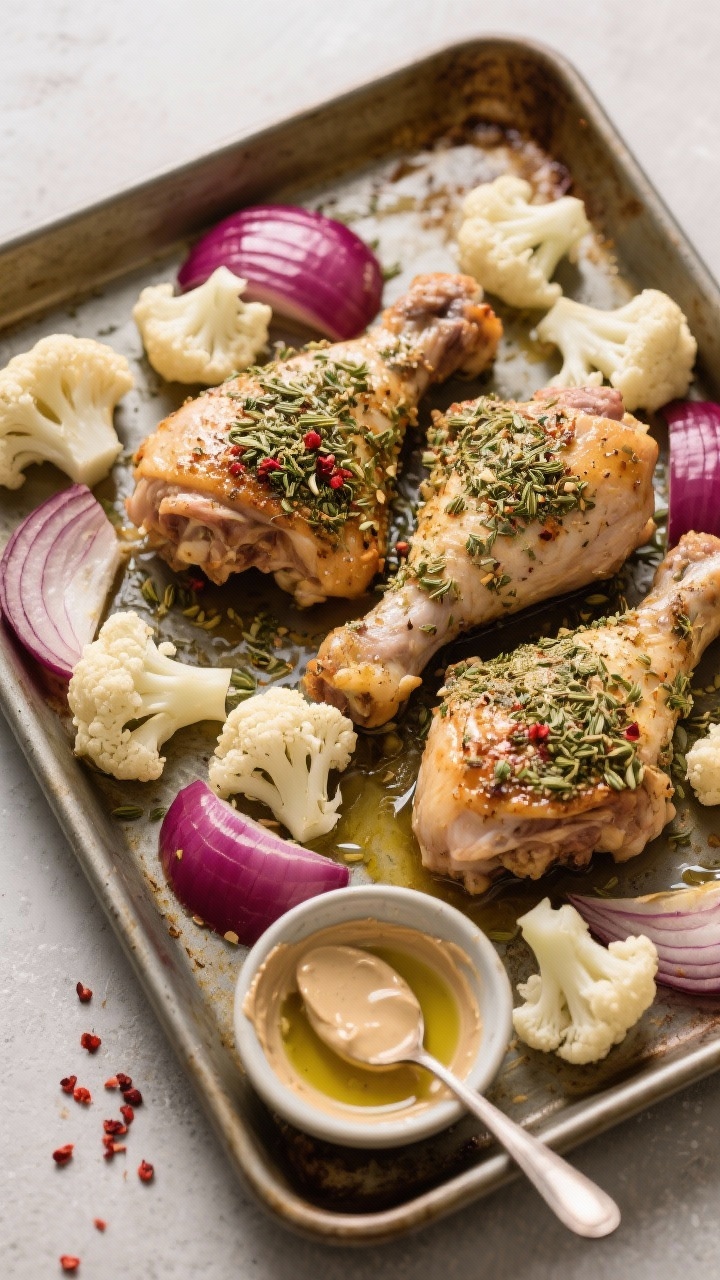 10 Easy One-pan Chicken Dinners for Busy Weeknights That Taste Like Weekend Treats Overhead ingredient-to-pan transition shot for herby za’atar chicken: bone-in, skin-on chicken thighs generously dusted with za’atar and ground coriander on a sheet pan with cauliflower florets and red onion wedges; olive oil pooling lightly, pinches of sumac adding a ruby accent; tahini drizzle in a small bowl with spoon ready; minimal, earthy styling and matte surfaces.