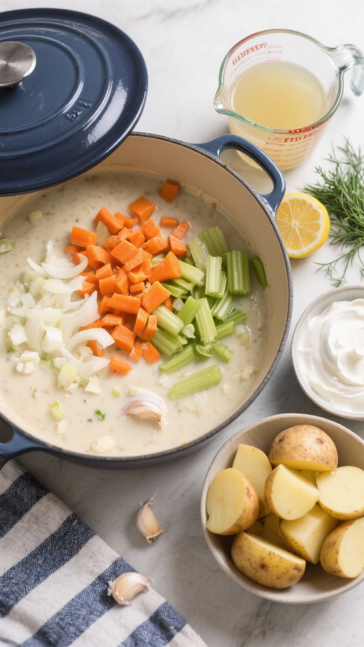Overhead ingredient-to-pot process shot for a lighter Greek yogurt loaded potato soup: a Dutch oven with sautéing onion, finely diced carrots and celery, and minced garlic at one side, while cubed Yukon Gold potatoes and a bowl of thick Greek yogurt sit staged nearby; low-sodium broth in a measuring cup, lemon wedge and dill sprigs hinting at brightness; clean, fresh look with natural daylight, emphasizing “lighter but hearty” cues.