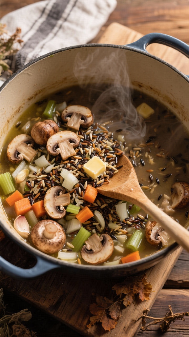 Overhead ingredient-to-pot process shot for cozy wild rice and mushroom creamy chicken soup: a Dutch oven mid-cook with cremini/baby bella mushrooms browned in olive oil and butter, diced onion, carrots, celery, minced garlic, and speckled wild rice grains being stirred in; earthy browns and autumn tones, visible mushroom sear, steam rising; rustic cabin vibes with a wooden board and foraged-style napkin, emphasizing the hearty texture and creamy finish to come.