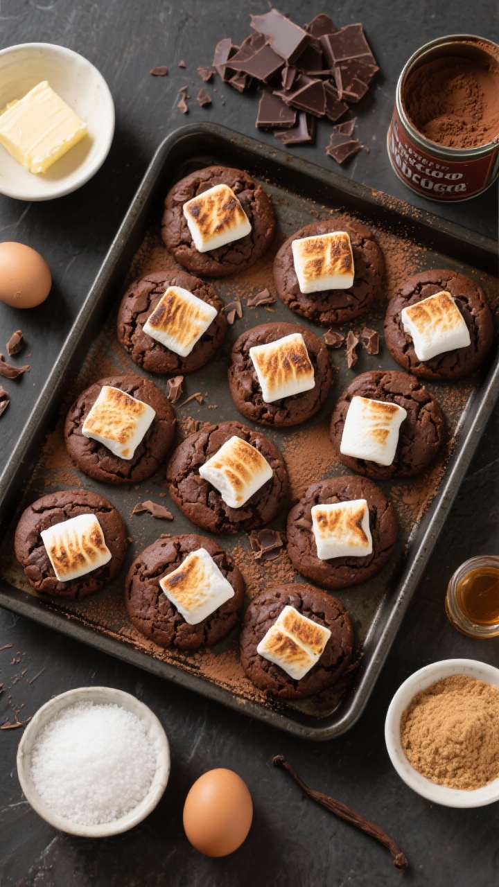 Christmas Brownie Cookies: the Cutest Holiday Treat You’ll Bake All Season Overhead ingredient-to-process shot for Hot Cocoa Brownie Cookies With Toasted Marshmallow Tops: a dark sheet pan of round brownie cookies made with bittersweet chocolate, topped with halved marshmallows lightly torched to golden brown, a light dusting of cocoa, and a few chocolate shavings. Surround with mise en place: chopped bittersweet chocolate, unsalted butter, bowls of granulated and light brown sugar, eggs, vanilla extract, and a tin of cocoa powder. Warm, cozy tones evoke hot cocoa; emphasize toasted marshmallow texture.