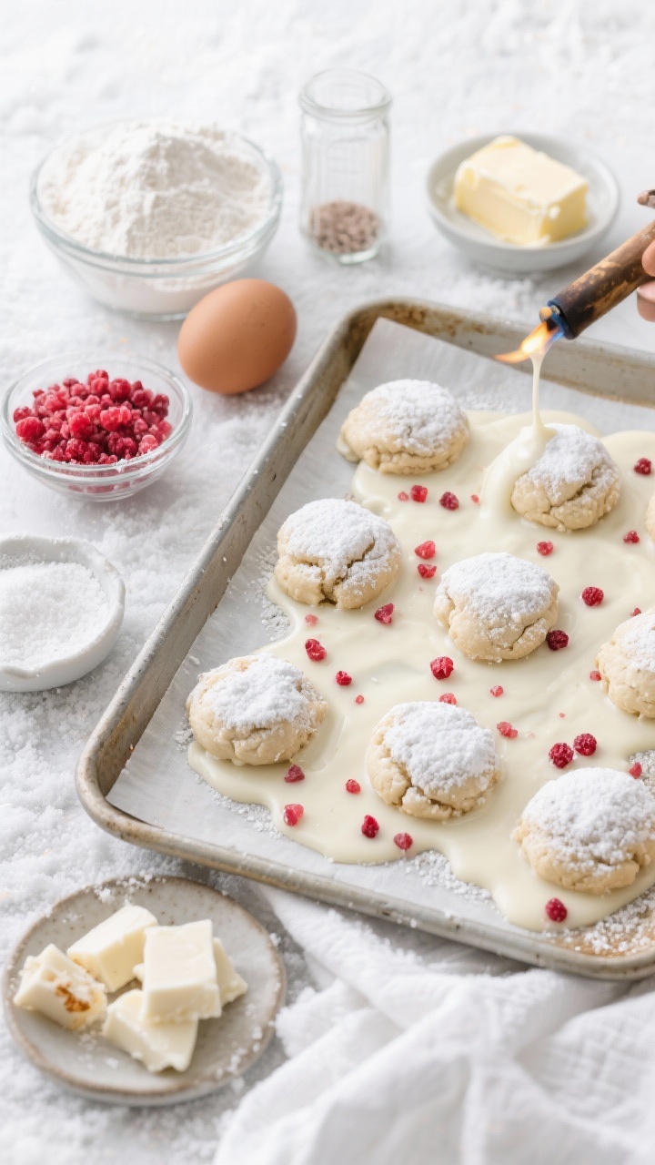 Overhead ingredients-and-assembly shot for Toasted White Chocolate Mocha snowcap cookies with raspberry sparkle: a baking tray of pale cookie dough balls rolled in powdered sugar (snowcap effect), with pools of melted toasted white chocolate ready for drizzling and tiny raspberry sugar crystals in a pinch bowl; include the measured ingredients around the tray—flour, baking powder, kosher salt, softened butter, granulated sugar, powdered sugar, and an egg; show a small torch-kissed white chocolate chunks to imply “toasted”; cool wintery styling with a white linen and ruby raspberry accents.
