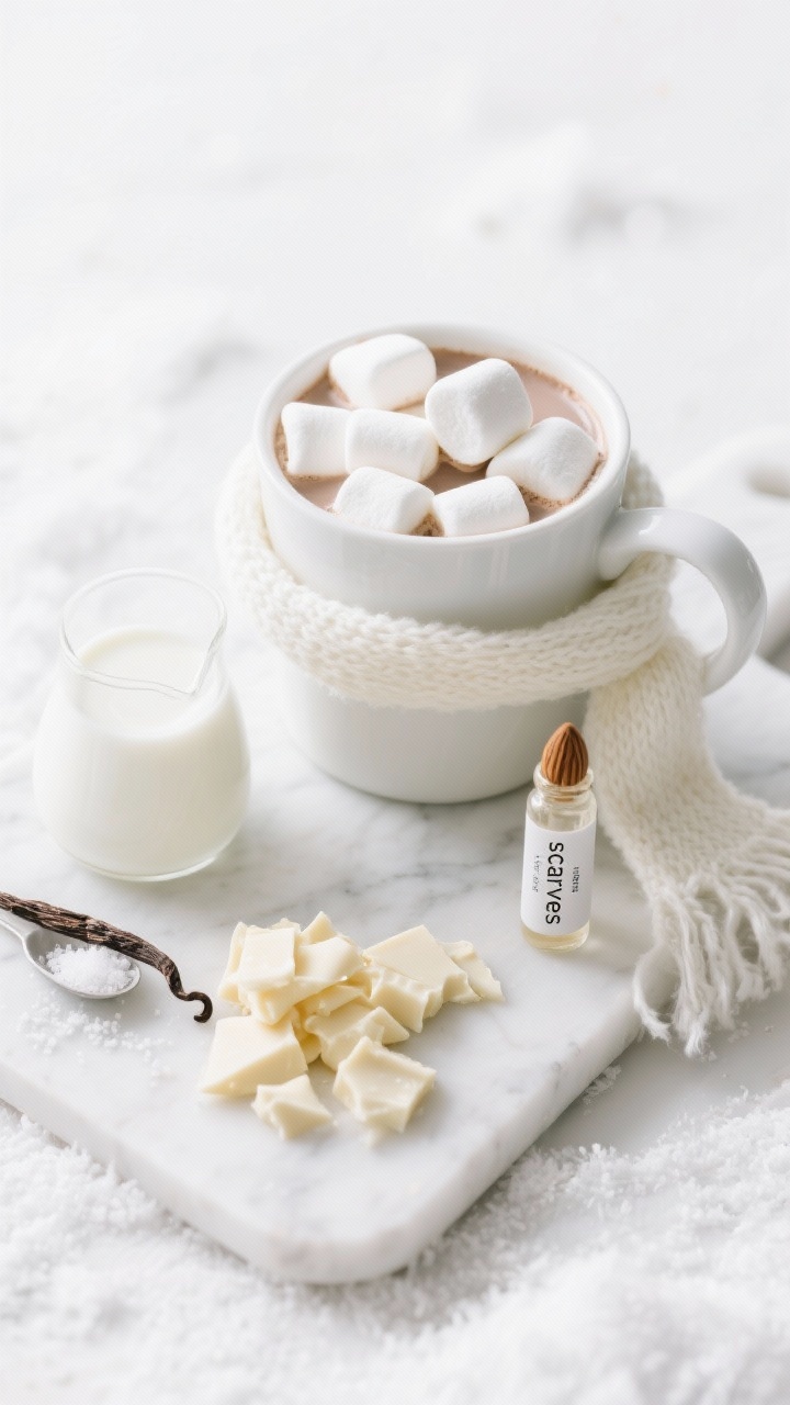 Overhead ingredients-and-finish combo for Snowman-Approved White Hot Chocolate: high-quality chopped white chocolate, heavy cream, whole milk, vanilla extract, pinch of salt, and a tiny vial labeled almond extract on a white marble board. Beside them, a white mug of silky white hot chocolate topped with oversized marshmallows styled as “scarves” draped over the rim. Minimal, bright winter styling, soft highlights emphasizing creamy texture and clean whites.