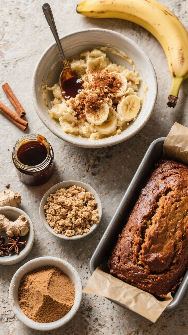Overhead ingredients-and-prep scene for gingerbread banana bread with molasses crumble: mixing bowl of mashed ripe bananas dusted with warm spices, a jar of dark molasses open with a spoon trail, a small bowl of crumble topping showing coarse, sandy texture, and a prepared loaf pan lined with parchment. Include gingerbread spices (ginger, cinnamon, cloves implied via spice bowls), brown sugar, and flour set neatly; warm, cozy tones on a stone surface, inviting and seasonal.
