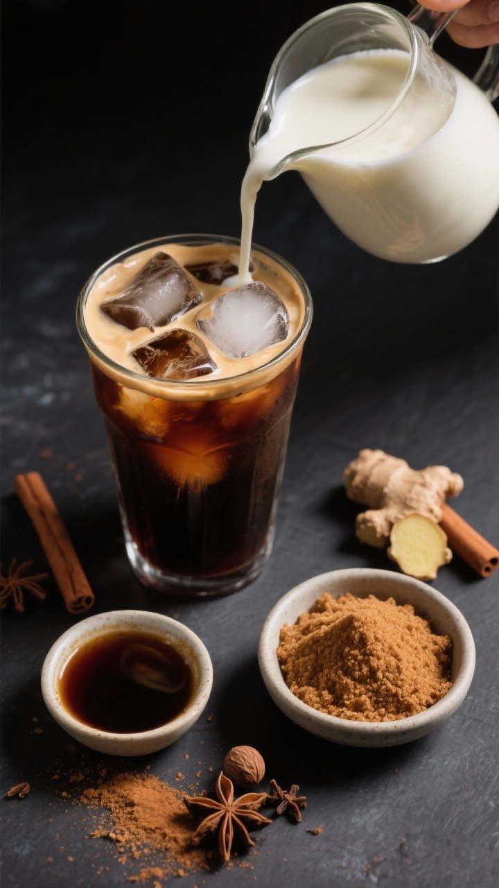 Overhead ingredients-and-process shot for Gingerbread Cold Brew with Sweet Cream Cold Foam: a tumbler filled with ice and dark cold brew, a small bowl of molasses, brown sugar, ground ginger, ground cinnamon, a pinch bowl of ground cloves and nutmeg, plus a frothy pitcher of sweet cream foam ready to pour; deep, moody tones, clean shadow lines, some spice dust scattered intentionally, showing the seasonal spice palette and texture contrasts.