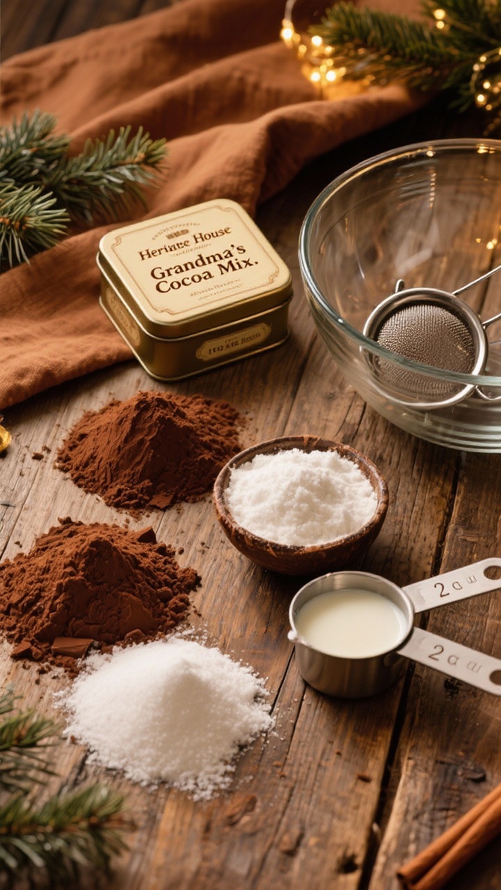 Overhead ingredients shot: A cozy flat lay of the Heritage House Hot Cocoa Mix components on a rustic wooden table—neat mounds of Dutch-processed cocoa powder, powdered sugar, powdered milk (with a small bowl of coconut milk powder as a dairy-free option), and powdered coffee creamer. Include a vintage metal sifter, measuring cups with visible 2-cup marks, a large glass mixing bowl, and a hand-labeled tin that reads “Grandma’s Cocoa Mix.” Warm, golden holiday lighting, cinnamon-colored linen, evergreen sprigs in the corners; soft powder textures and rich dark-brown cocoa tones emphasized. No people.