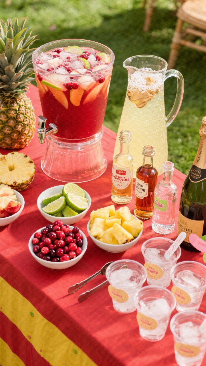 Overhead interactive punch-bar spread for the Bubbly Cranberry Punch Bar, showcasing a clear dispenser of base punch (cranberry apple and pineapple juices with lime) and a separate pitcher of chilled ginger ale for topping; arranged garnish mix-ins in small bowls: fresh cranberries, pineapple chunks, lime wedges; optional grown-up upgrades placed clearly but separately: small carafes of spiced rum, vodka, and prosecco; individual clear cups with ice, paper tags, and mini tongs; bright, family-friendly styling with vibrant reds, yellows, and greens, emphasizing kid-friendly base with customizable fizz.