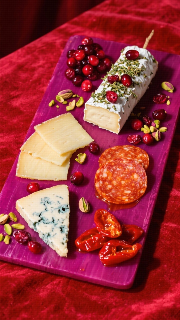 15 Festive Christmas Charcuterie Board Ideas for Holiday Parties That Wow Overhead jewel-toned board featuring cranberry and pistachio accents: cranberry-studded goat cheese log, herb-crusted manchego slices, a veined blue cheese wedge, hot honey soppressata rounds, and peppadews; sprinkled dried cranberries and chopped pistachios glinting like gems; pomegranate-red linen underneath; vibrant color pop, sharp detail.