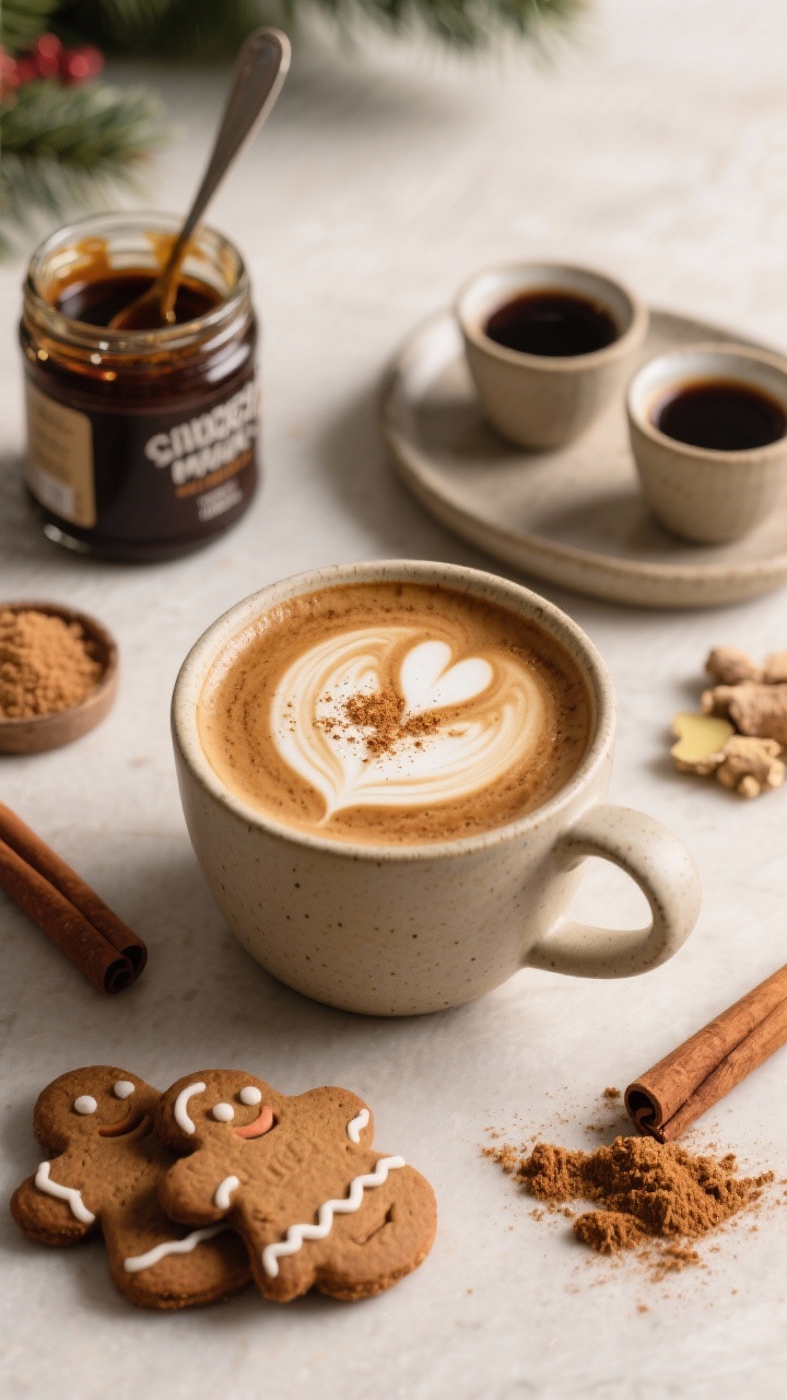 Overhead latte-art and spice scene: Gingerbread Cookie Latte in a neutral ceramic cup, molasses-infused foam with a simple heart latte art, dusted with a whisper of ground ginger, cinnamon, and a pinch of nutmeg; surrounding props show story-specific ingredients—an open jar of unsulphured molasses with a drippy spoon, brown sugar, and small mounds of ground ginger and cinnamon; two espresso shots noted on a demitasse nearby; warm holiday palette, clean styling, professional contrast to showcase the dark molasses tones against creamy foam.