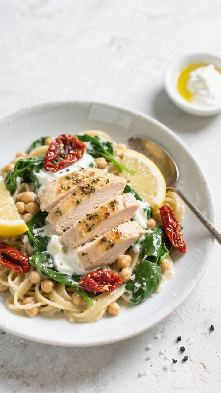 Overhead light and fresh final plate: a shallow bowl of lighter creamy Tuscan chicken pasta made with whole-wheat or chickpea pasta, sliced chicken tenderloins seasoned with Italian seasoning, glossy yet lighter sauce made with Greek yogurt (not overly shiny), minced garlic aroma implied; bright greens of spinach, ruby sun-dried tomatoes, lemony highlights, a sprinkle of kosher salt and black pepper; clean, airy styling on a pale stone surface, small spoonful of Greek yogurt and olive oil drizzle off to the side to hint at the method, healthful vibe.
