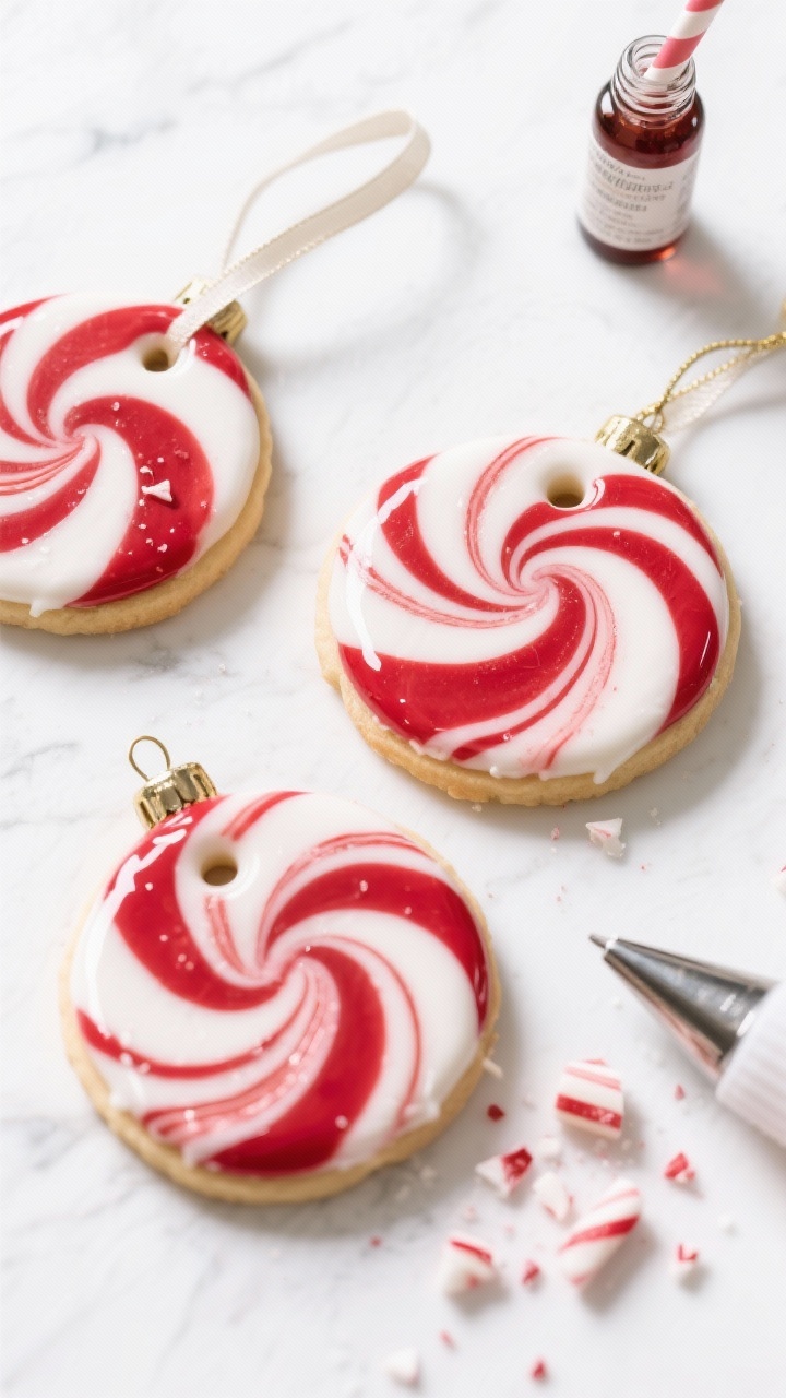 Overhead marble-effect scene of Peppermint Swirl Ornament cookies: round sugar cookies glazed with glossy marbled royal icing in red and white peppermint swirls, a tiny punched hole at the top of each with ribbon threaded through one or two; a small vial of peppermint extract and a straw/piping tip off to the side; high-gloss highlights on the icing, clean white background for contrast; a few crushed peppermint bits sprinkled for texture.