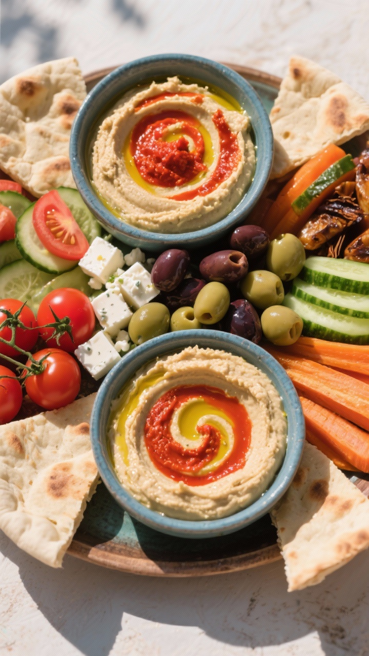 15 Festive Christmas Charcuterie Board Ideas for Holiday Parties That Wow Overhead mezze platter bursting with Mediterranean color: two bowls—classic hummus and roasted red pepper hummus—swirled with olive oil; feta cubes, mixed olives, cherry tomatoes, cucumber slices, cumin-roasted carrots, and roasted olives; pita wedges around the edges; bright, sunlit, vibrant vegetables with glossy olive oil highlights.