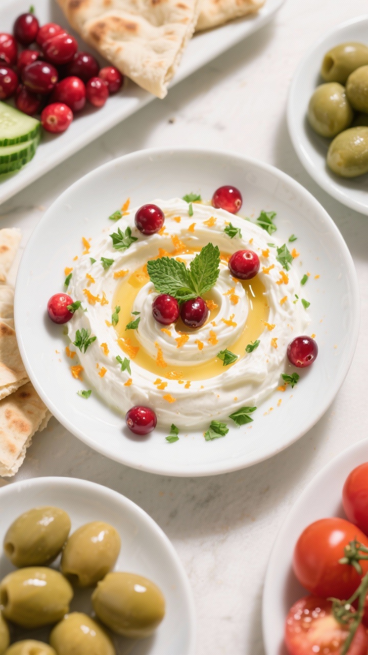 Overhead mezze-style composition highlighting cranberry-herb labneh: a shallow bowl of whipped labneh swirled with honey, fresh cranberries, orange zest sprinkled on top, and a confetti of finely chopped parsley and mint. Surround with Mediterranean accompaniments (pita wedges, cucumbers, cherry tomatoes, olives) as supporting elements while keeping the labneh the star. Bright natural light, clean white ceramics, vibrant reds and greens, creamy texture emphasized; fresh, festive, and zesty atmosphere. No people, editorial styling.