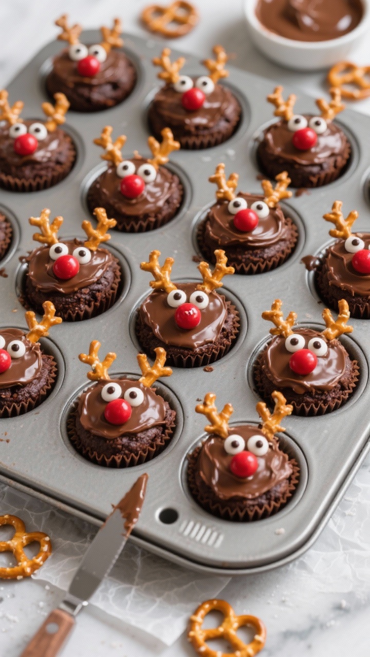 Overhead mini scene: “North Pole Reindeer Bites” — a grid of 24 brownie bites baked in a mini muffin tin, each crowned with a sheen of chocolate ganache/fudge frosting, a single red M&M as the Rudolph nose, and two mini pretzels as antlers. Candy eyes finish the faces. Shot in-tin and partially lifted onto parchment for variety; a small bowl of ganache with palette knife nearby, scattered spare pretzels. Emphasize the salty-sweet crunch against fudgy centers; festive, fun, and tidy composition.