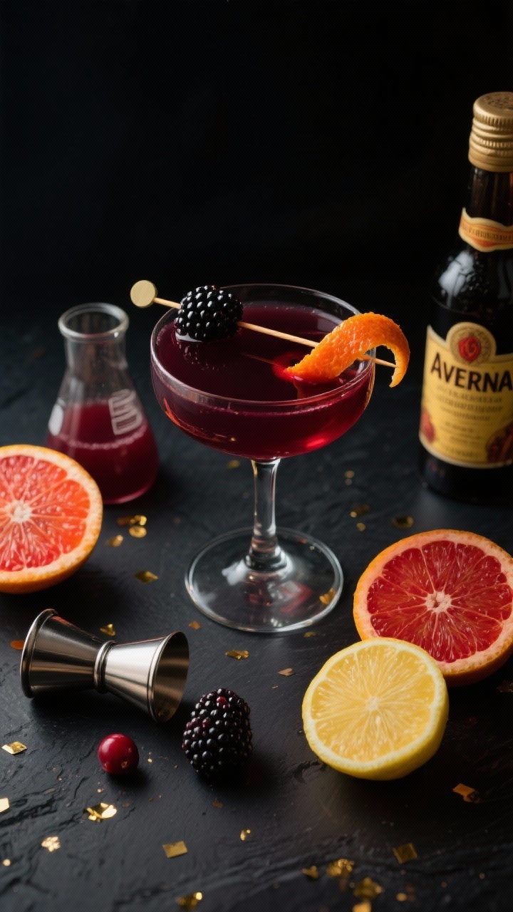 Overhead moody ingredient-and-finish tableau for Midnight Citrus Sparkler with Blackberry and Amaro: a dark-toned scene featuring a low coupe filled with a deep garnet cocktail, glossy blackberry on a pick, and a thin blood orange twist. Surround with the exact elements: halved blood oranges, lemon, a small beaker of unsweetened cranberry juice, a vial of inky blackberry syrup, and a bottle or labeled jigger of amaro (Averna or similar). Low-key lighting with dramatic highlights, subtle reflections, and a hint of gold confetti for midnight celebration energy; crisp textures and saturated color.