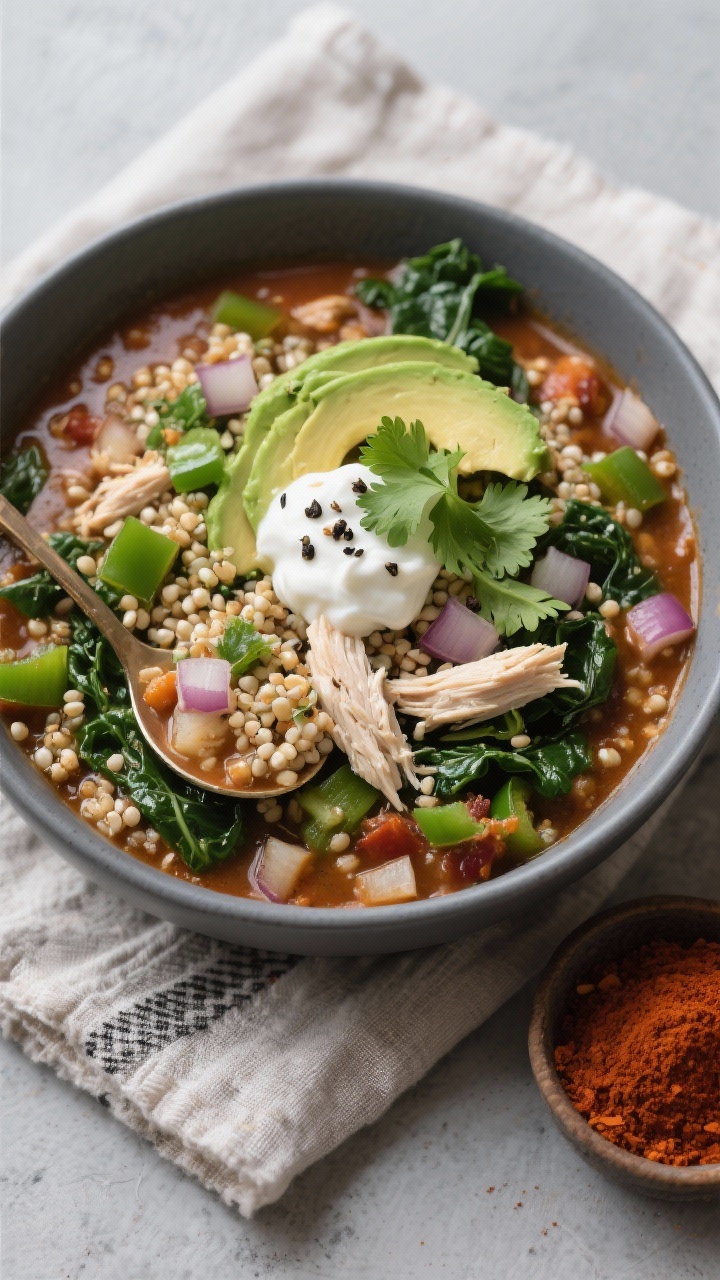 Overhead nutrient-forward bowl of high-protein white chicken chili with quinoa and greens: hearty ladlefuls showing pearly quinoa, shredded chicken, diced onion and green bell pepper, baby spinach or kale wilted into the chili; seasoned with cumin, smoked paprika, dried oregano; topped with avocado slices, chopped cilantro, a dollop of Greek yogurt, and cracked black pepper; served in a deep gray bowl on a linen napkin with a small dish of paprika; crisp, modern styling with balanced greens and warm spices.