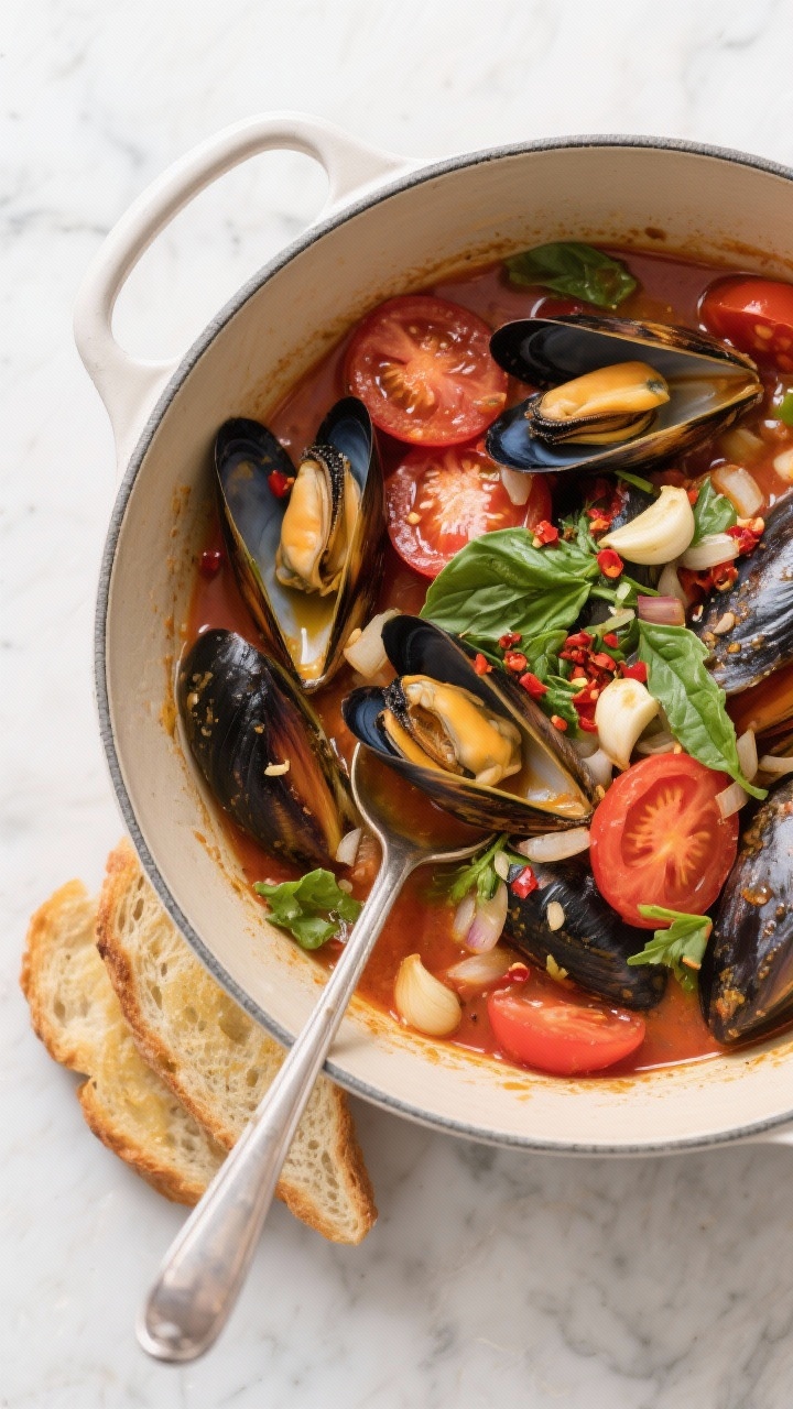 Overhead one-pot capture: a Dutch oven brimming with tomato-basil mussels—shells opened wide revealing plump mussels in a brothy mix of olive oil, thinly sliced garlic, finely chopped onion, cherry tomatoes (halved, bursting), red pepper flakes, and torn fresh basil; glossy, aromatic broth pooling at the bottom; slices of golden garlic toast leaning against the pot; a ladle partially submerged; vibrant reds, greens, and inky shells against a light marble background.