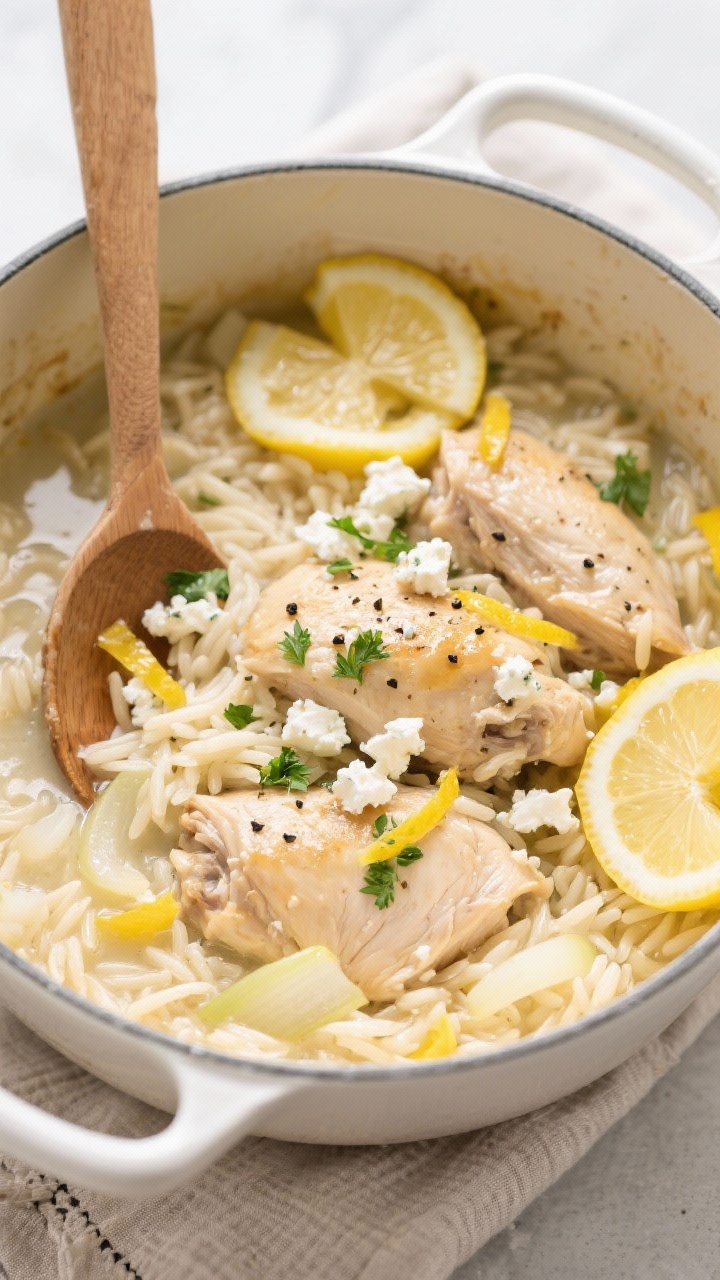 Overhead one-pot capture of lemon-feta chicken orzo: tender chicken thigh pieces nestled in creamy, brothy orzo with finely chopped yellow onion and garlic; lemon slices and zest visible, crumbles of feta scattered on top with a sprinkle of black pepper and fresh parsley; a wooden spoon resting in the pot showing the silky orzo texture; presented in a white enameled Dutch oven on a linen.