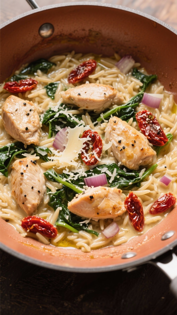 Overhead one-pot comfort: creamy Tuscan chicken orzo simmering in a wide sauté pan—bite-size chicken pieces, sun-dried tomatoes, wilted greens (spinach), diced onion, minced garlic; orzo swirled in a velvety, buttery sauce with olive oil gloss; garnished with grated parmesan and black pepper; warm, inviting cream and brick-red tones.
