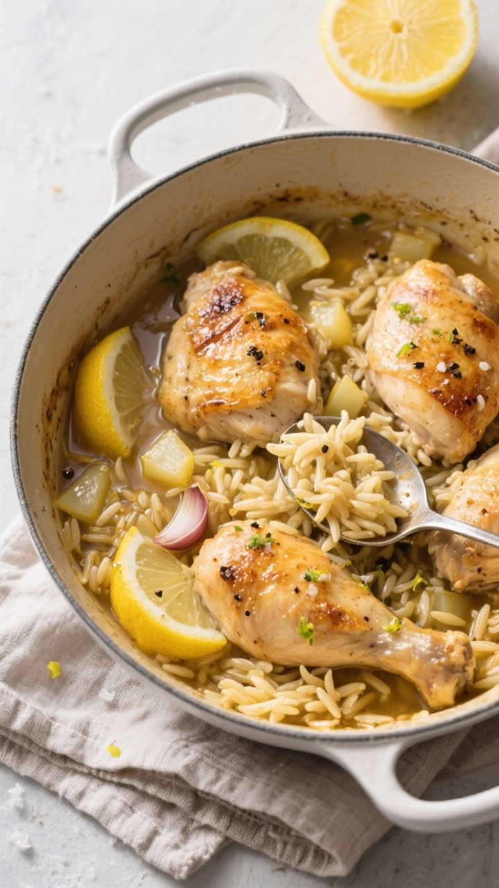 Overhead one-pot scene of chicken, lemon, and orzo: boneless skinless chicken thighs seared golden among diced yellow onion, minced garlic, and toasted orzo simmered in broth until glossy; lemon wheels and zest scattered throughout, flecks of black pepper and kosher salt visible. Served in an enamel Dutch oven with a spoon lifting creamy, brothy orzo showing al dente grains. Bright Mediterranean vibe, linen napkin and a halved lemon nearby.