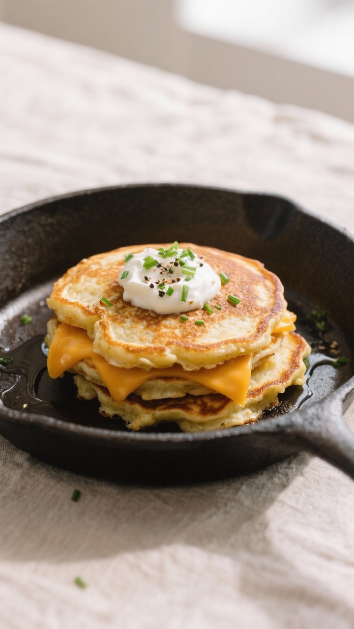 Overhead plate shot of Leftover Mashed Potato Cheddar Pancakes: crisp, golden pancakes with frilly edges, cheddar pockets melted inside. Dollop of chive sour cream on top, freshly cracked pepper and a sprinkle of chives. Cast-iron pan with a light oil sheen in the background, neutral linen, bright window light.