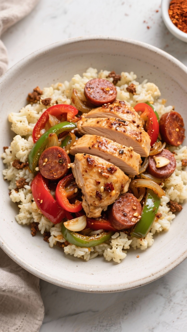 10 Easy One-pan Chicken Dinners for Busy Weeknights That Taste Like Weekend Treats Overhead plated bowl of Cajun chicken and andouille with peppers over dirty “cauli” rice: sliced chicken thighs and rounds of browned andouille sausage tossed with red and green bell peppers and sautéed onion; smoky spices visible on meat, garlic flecks; served over cauliflower rice with savory browned bits; vibrant, rustic, with a small dish of extra Cajun seasoning on the side.