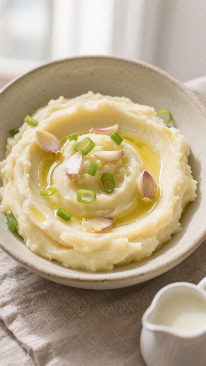 Overhead plated bowl of creamy garlic mashed potatoes: silky Yukon Gold mash with visible olive oil sheen, swirls forming glossy rivers; thinly sliced garlic pieces gently cooked in olive oil scattered on top, a drizzle of good olive oil pooling, sliced scallions sprinkled for a fresh green pop; a small pitcher of warm milk at the edge; neutral ceramic bowl on a linen, soft window light emphasizing creaminess.
