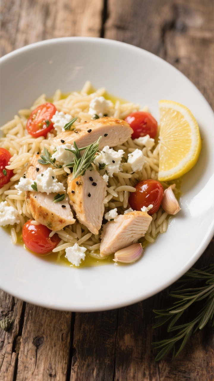 Overhead plated bowl of garlicky chicken orzo: tender 1-inch chicken breast pieces tossed with al dente orzo, burst cherry tomatoes releasing juices, crumbled feta scattered on top, and oregano and black pepper dusted lightly. Visible minced garlic glistening in olive oil, with a squeeze of lemon implied by a cut wedge on the side. Bright Mediterranean mood on a matte white bowl over a rustic wooden table.