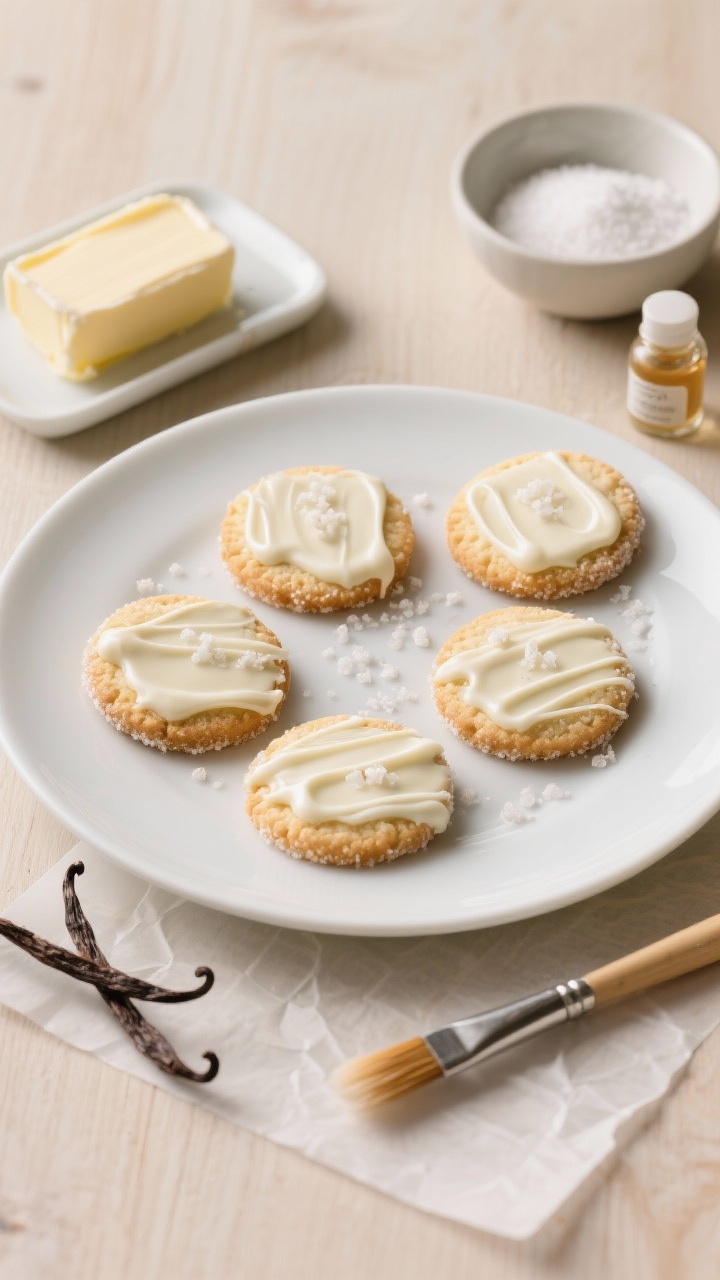Overhead plated composition of “Vanilla Sablés With Salted White Chocolate Brushstrokes”: round sablés with fine sugar crust and perfect pale-golden edges on a white porcelain platter. Bold, painterly brushstrokes of glossy salted white chocolate sweep across each cookie, sprinkled with flaky sea salt. Include mise en place elements: room-temp unsalted butter on a butter dish, powdered sugar and granulated sugar in minimalist bowls, a vial of vanilla extract/vanilla bean paste, and a palette brush with white chocolate streaks on parchment. Clean, neutral palette—ivory, cream, light beige—on a light wood surface, soft directional light highlighting sandy, tender crumb and silky chocolate sheen.