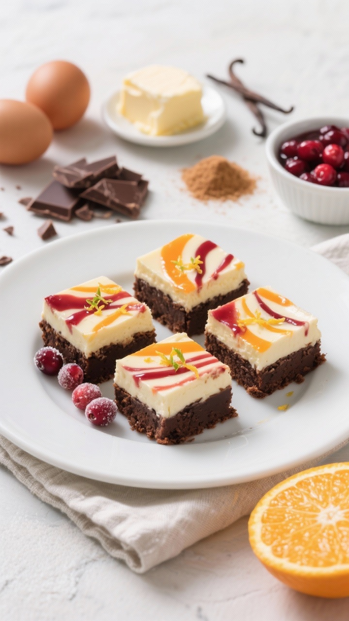 Overhead plated presentation of “Cranberry Orange Cheesecake Brownies (The Fancy-Pants Crowd Pleaser)”: elegant squares showing distinct layers—dark, shiny brownie base, creamy cheesecake ripple, and vibrant cranberry-orange streaks; garnished with micro-zest of fresh orange and a few sugared cranberries; nearby: chopped bittersweet chocolate, unsalted butter, granulated and brown sugar, two eggs, vanilla, plus a small bowl of cranberry compote and an orange half; clean white ceramic plate on a linen napkin for a refined look, bright, natural light highlighting the contrast of colors and silky textures.