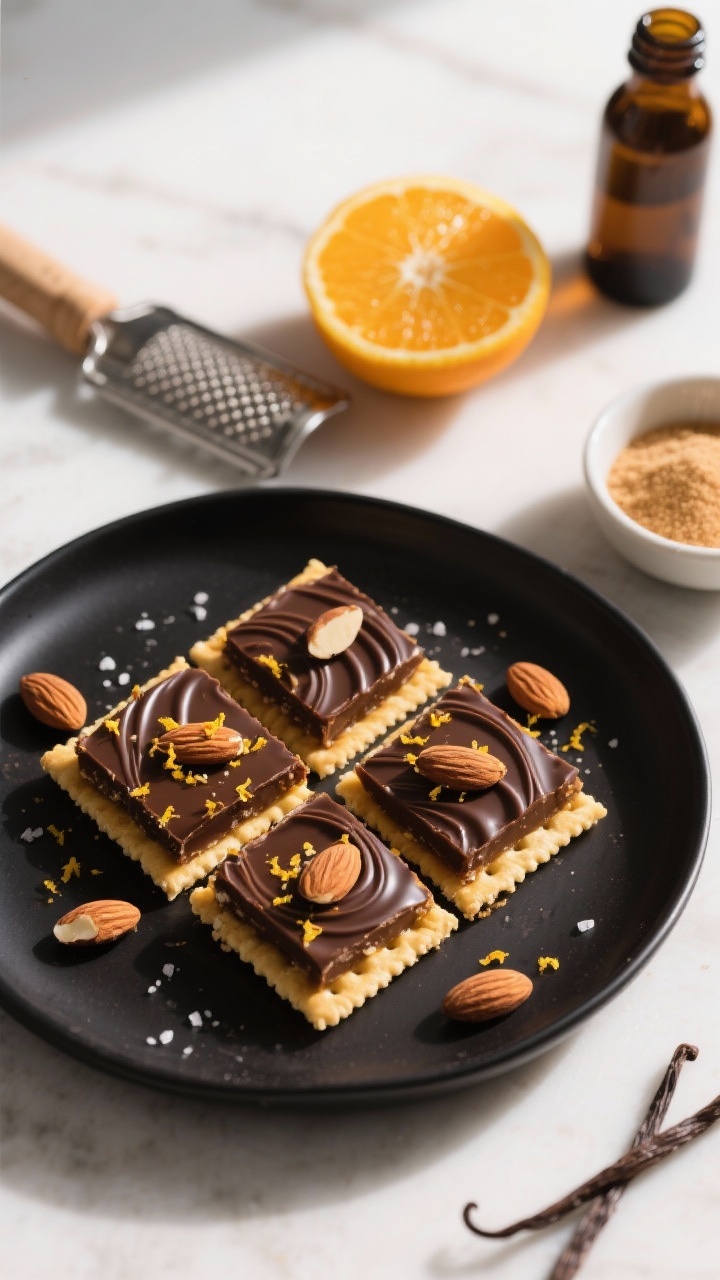 Overhead plated presentation of Dark Chocolate Almond Toffee with Orange Zest: neat squares of toffee on a matte black plate, showing a golden toffee base over crackers, a glossy dark chocolate top swirled with micro-grated orange zest and sprinkled with slivered toasted almonds and flaky sea salt; include a zested orange and a microplane off to the side, a small bowl of light brown sugar and vanilla bottle nearby; bright natural side light to make the zest glow and chocolate shine.