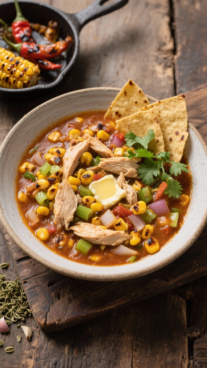 Overhead plated presentation of roasted corn and Hatch chile white chicken chili in a wide, shallow ceramic bowl on a rustic table. The chili glows golden with charred kernels of roasted corn, diced roasted Hatch chiles, tender chicken, sautéed onion and finely diced celery, minced garlic, ground cumin, coriander, and a whisper of smoked paprika. Finished with a pat of melted butter sheen from the butter-and-olive oil base, topped with a sprinkle of chopped cilantro and crisp tortilla strips on the side. A small cast-iron skillet with blistered corn and Hatch chiles sits nearby for context; weekend, bold-energy vibe.