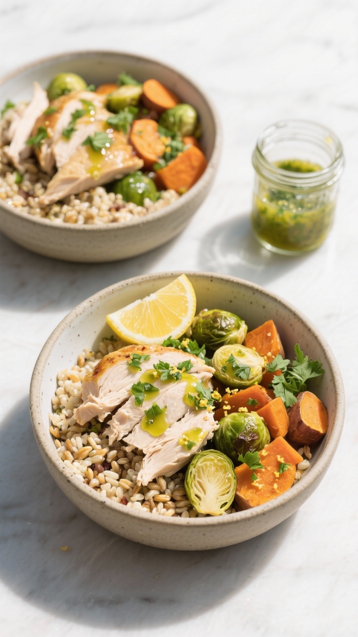 Healthy and Delicious Leftover Recipes for the Whole Family You’ll Make on Repeat Overhead plated roast chicken grain bowls: two ceramic bowls filled with a base of cooked grains (quinoa and farro mix), topped with shredded leftover roast chicken, roasted brussels sprouts, carrots, and sweet potatoes; drizzled with a vibrant zesty herb dressing (green, flecked with parsley and lemon zest) pooling slightly; lemon wedge and extra herb dressing in a glass jar nearby; tidy grain and veg sections for visual contrast; bright, fresh midday light, clean modern styling.